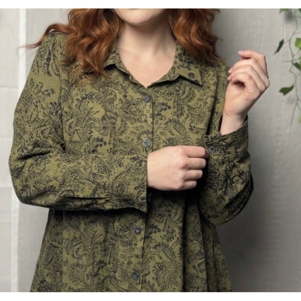 Habitat Clothes to Live In XL Olive Paisley Roll Tab A-Line Tunic Top 22227